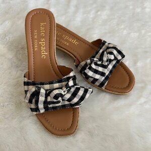 Kate Spade New Lilah Low Block Heel Gingham Bow Sandal Black White - Size 8
